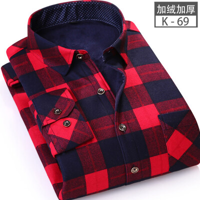 

Business Casual Men Long Sleeve Shirt Winter Silm Fit Lattice Keep Warm Stitching Color