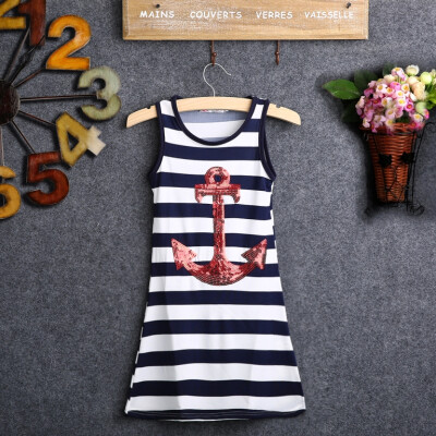 

Fashion Kids Girls Sequins Anchor Navy Stripes Party Dress Maxi Sundress 3-8Y