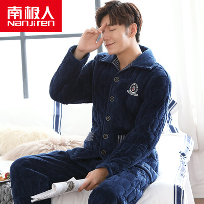 

Antarctic pajamas mens three-layer thickening coral fleece quilted pajamas autumn&winter mens plus velvet flannel cotton jacket home service suit NJR17025 mens navy blue XL