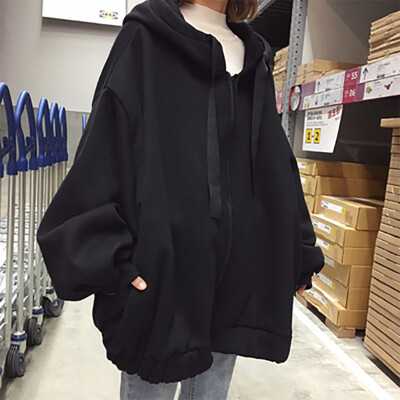 

2017 autumn and winter new hooded velvet long sweater student jacket female zipper loose