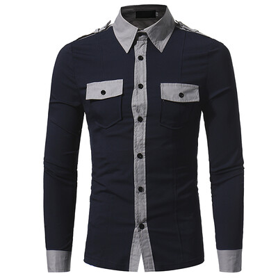 

Brand 2017 Fashion Male Shirt Long-Sleeves Tops Double Pocket Badge Mens Dress Shirts Slim Men Shirt 2XL
