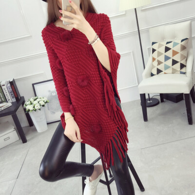 

2017 Spring and Autumn New Women's loose tassel shawl sweater coat large size knitted cloak hooded bat shirt