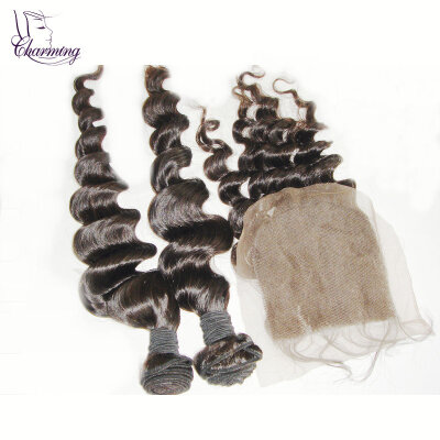 

Charming Hair Malaysian Lace Closure With Bundles Loose Wave Virgin Human Hair Bundles With Closure Malaysian Wavy Hair