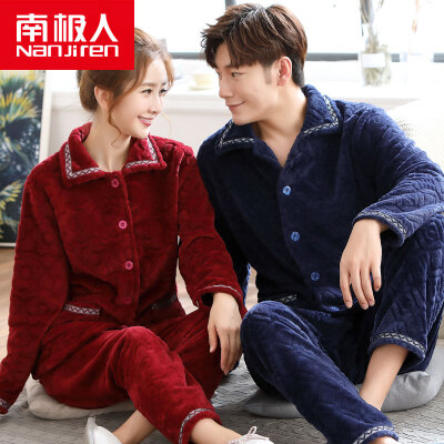 

Antarctic pajamas home service flannel long-sleeved couples pajamas men&women sports can be worn outside the autumn&winter solid color coral cashmere set 1031 male navy XL