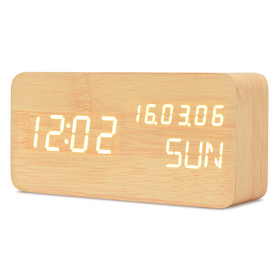 

LED Digital Alarm Clock Wooden Voice Control Table Clock Calendar Week LED Display Desk Clock USB/Battery Power Travel Clock