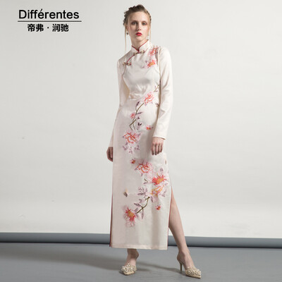 

DF · RSAutumn&winter long-sleeved improved cheongsam 2017 new long paragraph Slim split floral step skirt women