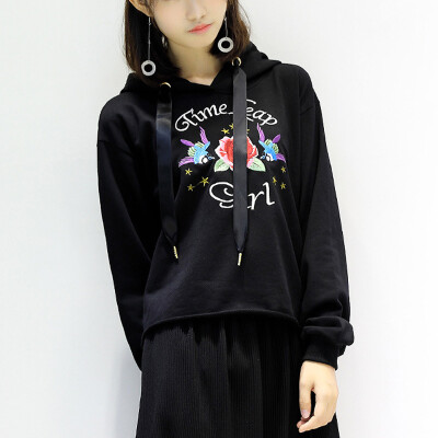 

City plus CITYPLUS 2017 autumn and winter new women's art wild short paragraph rosette letters embroidery hooded sets of sweater CWWY178555 black M