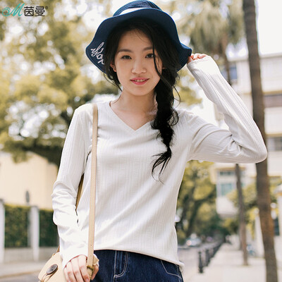 

Yan Man INMAN 2017 autumn new V-neck long sleeve ribbed primer T-shirt shirt female 1873021264 flower gray M