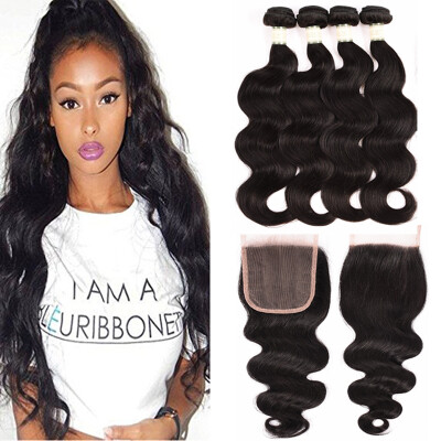 

MORICHY 7A Brazilian Body Wave 4 Bundles with 4×4 Lace Closure 100% Unprocessed Virgin Human Hair Weave Extensions Natural Color