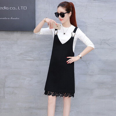 

Fort Sheng 2017 new women&39s autumn lace harness dress long-sleeved loose black strap skirt black dress two sets zx17081410 black S