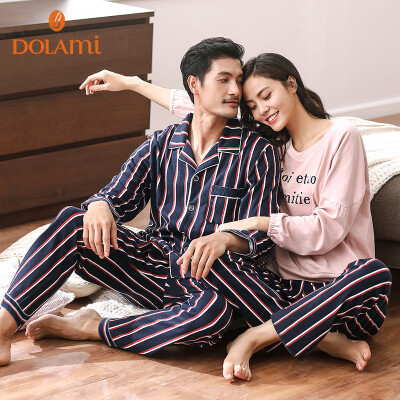 

Dora beauty DOLAMI pajamas womens autumn casual striped lapel cardigan couple long-sleeved home service suit DL732050 Bao blue bean sand female XL