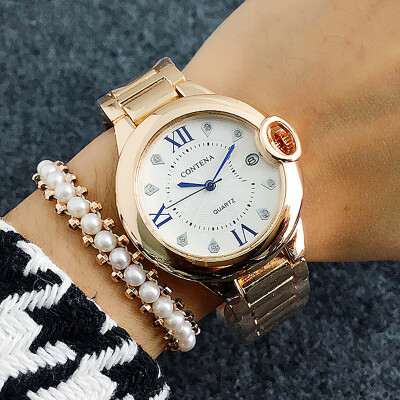 

Ladies Casual Gold Watch Contena Luxury Business Women Quartz Watches Simple Style Calendar Wristwatch