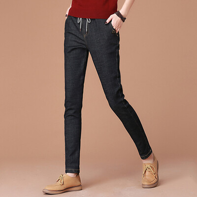 

City plus CITYPLUS 2017 autumn&winter new women&39s literary&artistic loosening waist Harlan pants plus velvet thicken casual cowboy pants CWKN179260 gray black L
