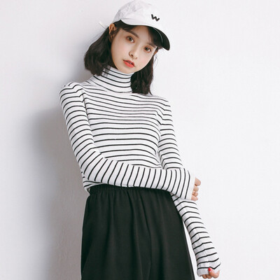 

City plus CITYPLUS 2017 winter new art women's high collar stripes knitted bottoming shirt wild coat sweater CWYC17T167 white uniform