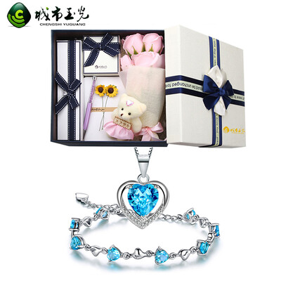 

City Jade 925 silver necklace bracelet gift box suit fashion crystal clavicle chain to send girlfriend wife Tanabata Valentine's Day gift