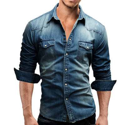 

Men Shirt Brand 2017 Male Long Sleeve Shirts Casual Solid Color Denim Slim Fit Dress Shirts Mens 3XL 3011