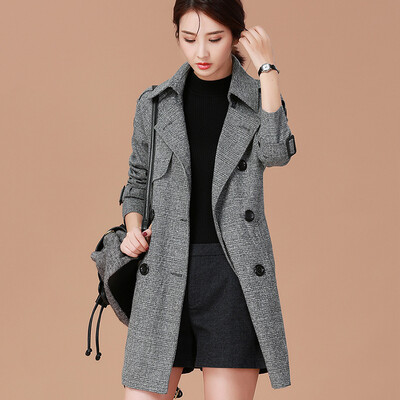 

City plus CIYPLUS 2017 autumn and winter new women in the long section of the lattice windbreaker double breasted belt wild loose jacket CWDY179162 light gray XL