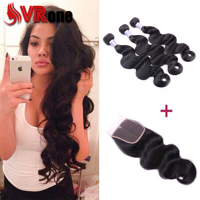 

8A Brazilian Virgin Hair 3 Bundles Body Wave with Closure Bouncy Human Hair Extensions 1B Color Bundles with Lace 4x4 Closure