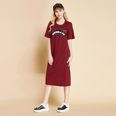 

Mark Huafei Women 2017 spring new models long paragraph printed short sleeve T-shirt after the split temperament dress deep red S