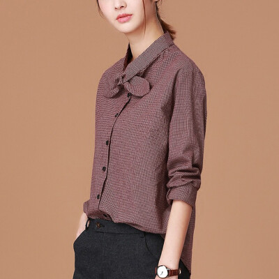 

City plus CITYPLUS 2017 autumn&winter new women retro art stand collar loose bow tie bottom shirt CWCS178350 brown red