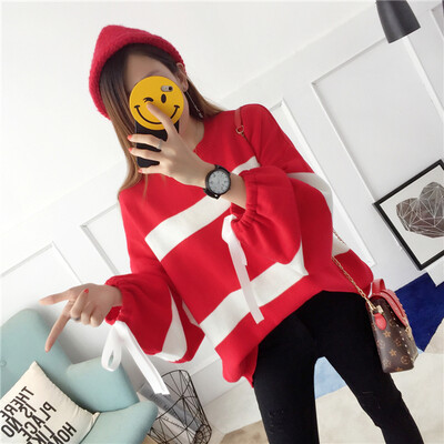 

Autumn and winter sweater female students wild loose collar collar with striped knit shirt