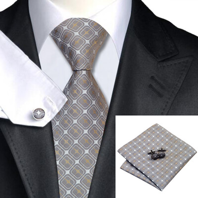 

N-0621 Vogue Men Silk Tie Set Gray Geometric Necktie Handkerchief Cufflinks Set Ties For Men Formal Wedding Business wholesale