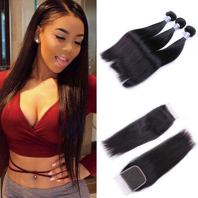 

Peruvian Straight Hair with Closure Peruvian Virgin Hair 3 Bundles with Closure Straight 8A Human Hair Weave With Closure