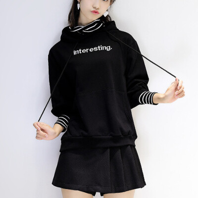 

City plus CITYPLUS 2017 autumn and winter new women's literary and artistic wild stitching two-piece hooded long-sleeved jacket letter printing sweater CWWY178556 black M