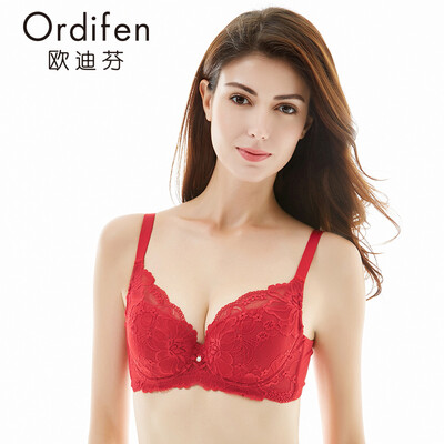 

Ou Difen ladies bra gathered big breast bra sexy embroidery 34 cover thin underwear XB6362 China Red 75B