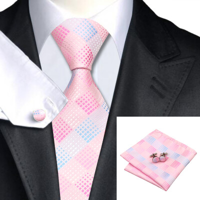 

N-0350 Vogue Men Silk Tie Set Pink Plaid Necktie Handkerchief Cufflinks Set Ties For Men Formal Wedding Business wholesale