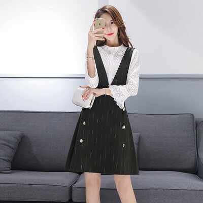 

Markentsee 2017 new women' fall suit collar long sleeve fashion temperament lace hook flower hollow sweet dress yzOMN9163 army green