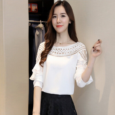 

Fort Sheng 2017 new women' autumn small shirt hollow hollow leafy chiffon top long-sleeved lace chiffon shirt solid color Han Fan zx1782816 black