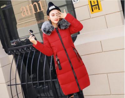 

2017 cotton coat large hair collar thick long section knee knee winter jacket jacket