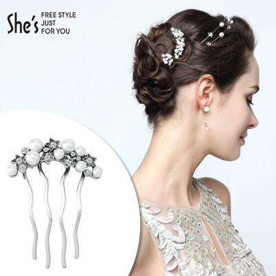 

shes Qian Zi headdress hair accessories hairpin hair comb inserted classical pentagram imitation pearl four tooth comb white