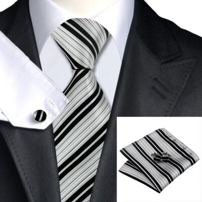 

N-0670 Vogue Men Silk Tie Set Gray Stripe Necktie Handkerchief Cufflinks Set Ties For Men Formal Wedding Business wholesale