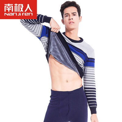 

Antarctic thermal underwear men's round neck prints plus velvet thickening underwear Slim winter youth fashion autumn clothes autumn pants suit male gray red stripes L