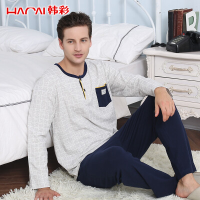 

Han Cai HACAI pajamas mens spring&autumn cotton long-sleeved round neck plaid solid color suit light gray ash 180105