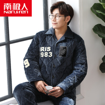 

Antarctic pajamas three layers thicker coral cashmere woolen pajamas autumn&winter men plus flannel velvet cotton jacket home service suit NJR17010 male possession of green
