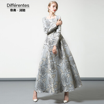 

DF · RS Autumn&winter long section floral big dress 2017 new long-sleeved Slim temperament long skirt female