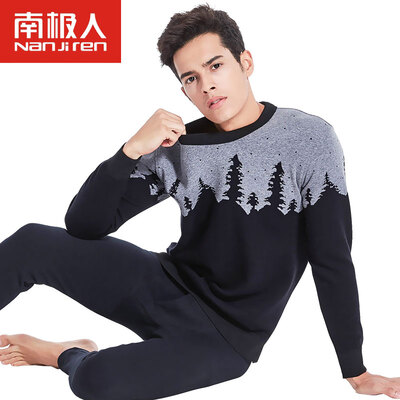 

Antarctic thermal underwear men's round neck prints plus velvet thickening underwear Slim winter youth fashion autumn clothes autumn pants suit male gray red stripes L