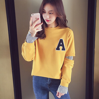 

JOY OF JOY 2018 autumn new loose sweater womens double-layer sleeve stitching shirt long-sleeved round neck shirt female JWWY178943 yellow L