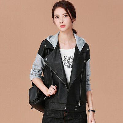 

City plus CIYPLUS 2017 autumn&winter new women loose wild coat hood hit color splicing PU leather clothing CWWT179158 black L