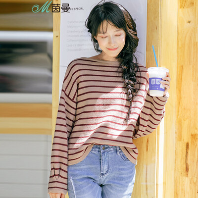 

Yan Man (INMAN) 2017 winter new semi-high collar wild stripes fall cuff sleeve sweater female 1874132440 peach red M