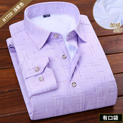 

Business Casual Men Long Sleeve Shirt Winter Silm Fit Stripe Keep Warm Cotton Plus Velvet Soft Anti-static