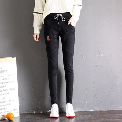 

City Plus CITYPLUS 2017 Winter New Literature Women's Big Pocket Loose Harlem Pants Wild Elastic Band With Velvet Thickening Jeans CWKN179651 Black 28
