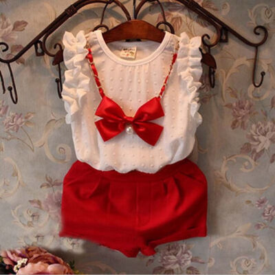 

3PCS White Chiffon Shirt Shorts Bow Necklace Outfits Baby Girls Clothing Set 0-5