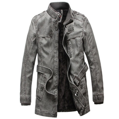 

Fashion Mens leather jackets brand men standing collar&long sections Slim washed velvet coat locomotive Piga