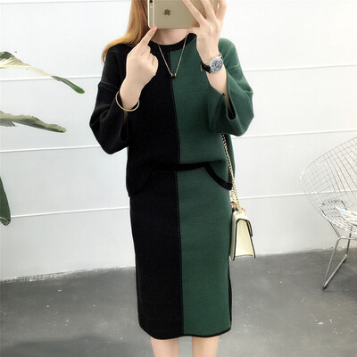 

sustory Women&39s 2017 autumn&winter paragraph sweater two sets of Korean version of loose loose color sweater suit SRSU136 green all