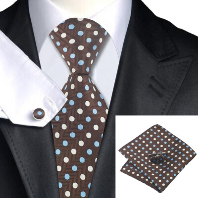 

N-0911 Vogue Men Silk Tie Set Brown Polka Dot Necktie Handkerchief Cufflinks Set Ties For Men Formal Wedding Business wholesale