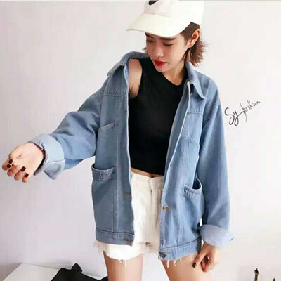 

2017 loose long-sleeved cowboy lapel blue jacket ladies coat